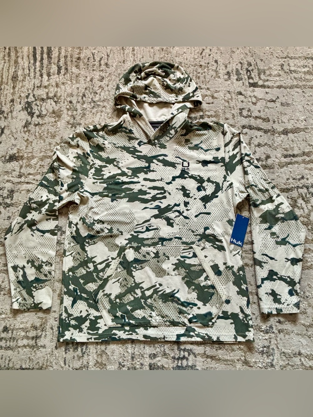 HUK Leeward Lightweight Fleece Fishing Hoodie NEW Men’s Moss Green Tan Camo